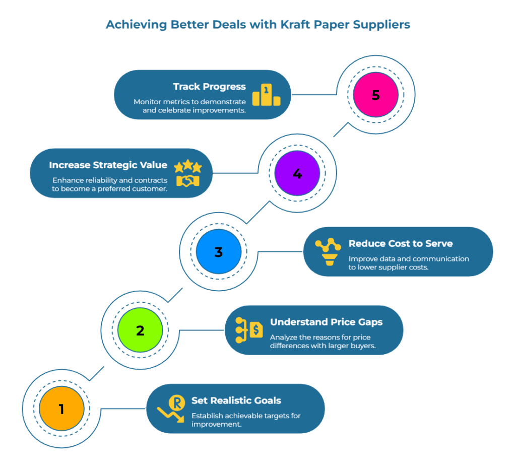 Infographic titled “Achieving Better Deals with Kraft Paper Suppliers.” A numbered 1–5 path outlines actions: 1) Set realistic goals, 2) Understand price gaps vs. larger buyers, 3) Reduce cost to serve via better data/communication, 4) Increase strategic value to be preferred, 5) Track progress with metrics.