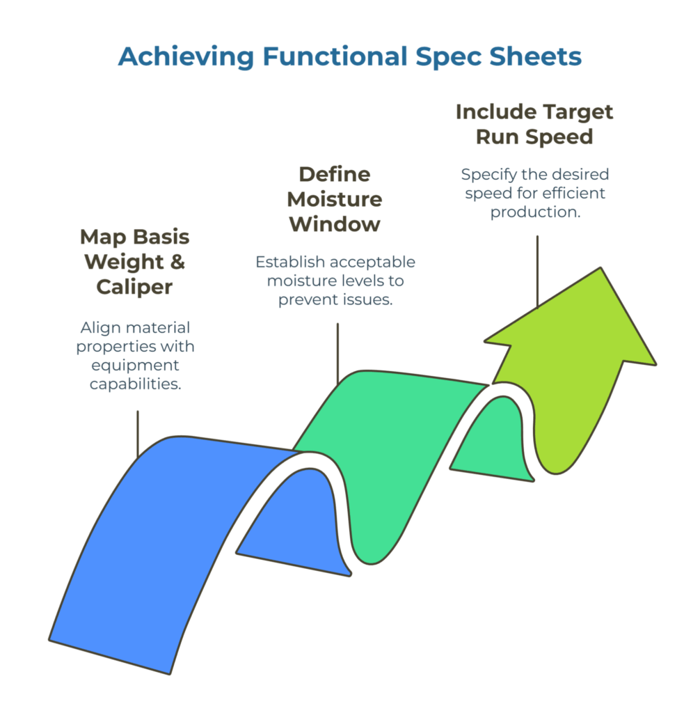 Infographic: “Achieving Functional Spec Sheets.” A rising, wavy path ending in an arrow shows three essentials for production-ready paper specs: 1) Map basis weight and caliper to equipment capability; 2) Define an acceptable moisture window; 3) Include the target run speed for efficient, stable operation.