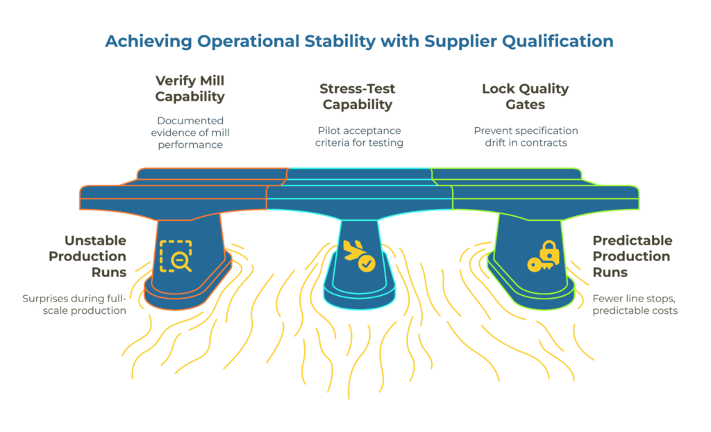 Infographic titled “Achieving Operational Stability with Supplier Qualification.” It shows a bridge supported by three pillars labeled Verify Mill Capability, Stress-Test Capability, and Lock Quality Gates—illustrating how these steps transition from unstable to predictable production runs.