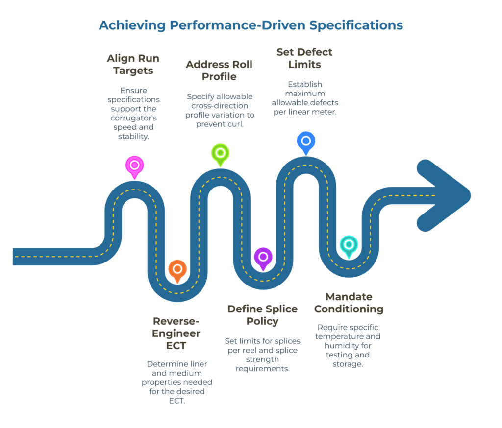 Infographic titled “Achieving Performance-Driven Specifications.” It illustrates a winding roadmap with six steps: align run targets, reverse-engineer ECT, address roll profile, define splice policy, set defect limits, and mandate conditioning to ensure optimal corrugator performance and paper quality.