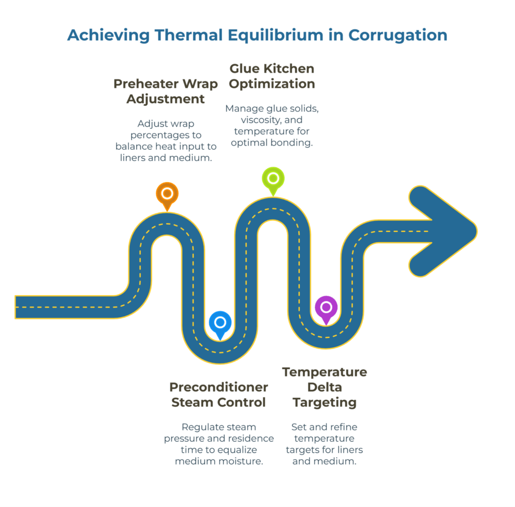 Infographic titled “Achieving Thermal Equilibrium in Corrugation.” A winding arrow illustrates four steps: Preheater Wrap Adjustment, Preconditioner Steam Control, Glue Kitchen Optimization, and Temperature Delta Targeting—showing how to balance heat, moisture, and glue conditions for corrugation stability.