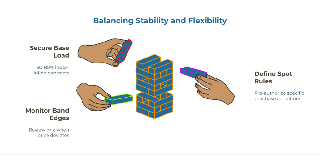 Infographic titled “Balancing Stability and Flexibility.” Jenga-style blocks symbolize supply mix, with three hands moving pieces. Left: “Secure Base Load” (60–80% index-linked contracts). Bottom-left: “Monitor Band Edges” (review mix when price deviates). Right: “Define Spot Rules” (pre-authorize buys).