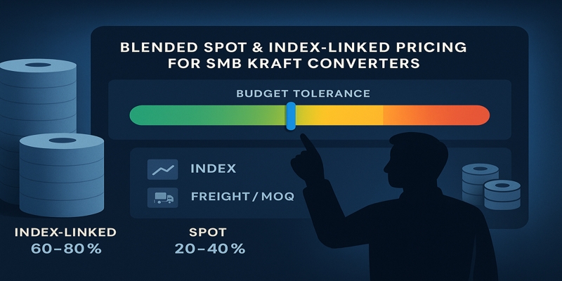 Stylized dashboard showing budget tolerance band, index vs spot stacks, and a procurement manager pointing.
