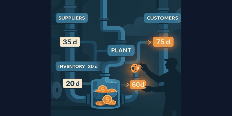Stylized plumbing map showing suppliers → plant → customers with valves and day labels to illustrate cash flow gaps.