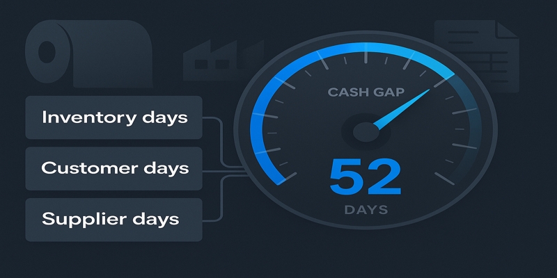 Stylized gauge showing a kraft-paper cash-gap (days) with tiles for inventory, customer, and supplier.