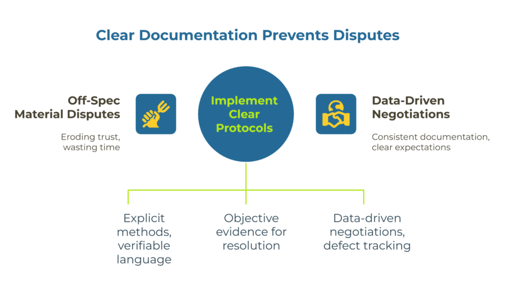 Infographic titled “Clear Documentation Prevents Disputes.” The central concept “Implement Clear Protocols” connects two sides: “Off-Spec Material Disputes” showing trust erosion and “Data-Driven Negotiations” showing consistent expectations. Bottom text emphasizes explicit methods and evidence-based resolution.