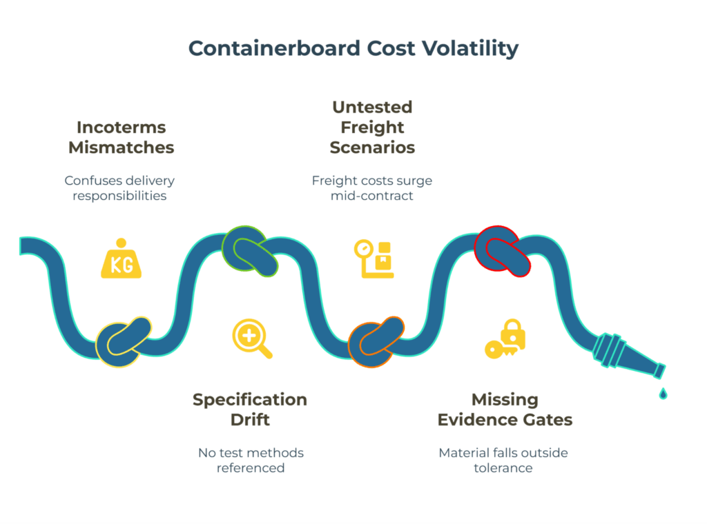 Infographic titled “Containerboard Cost Volatility.” A wavy hose with colored knots illustrates four drivers of unstable costs: Incoterms mismatches (confused delivery duties), untested freight scenarios (mid-contract surges), specification drift (no test methods), and missing evidence gates, ending in a drip.
