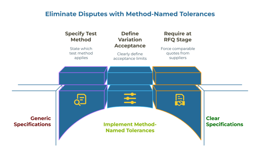 Infographic titled “Eliminate Disputes with Method-Named Tolerances.” Three steps bridge from Generic Specifications to Clear Specifications: 1) Specify test method, 2) Define variation acceptance (limits), 3) Require at RFQ stage for comparable quotes—implement method-named tolerances.