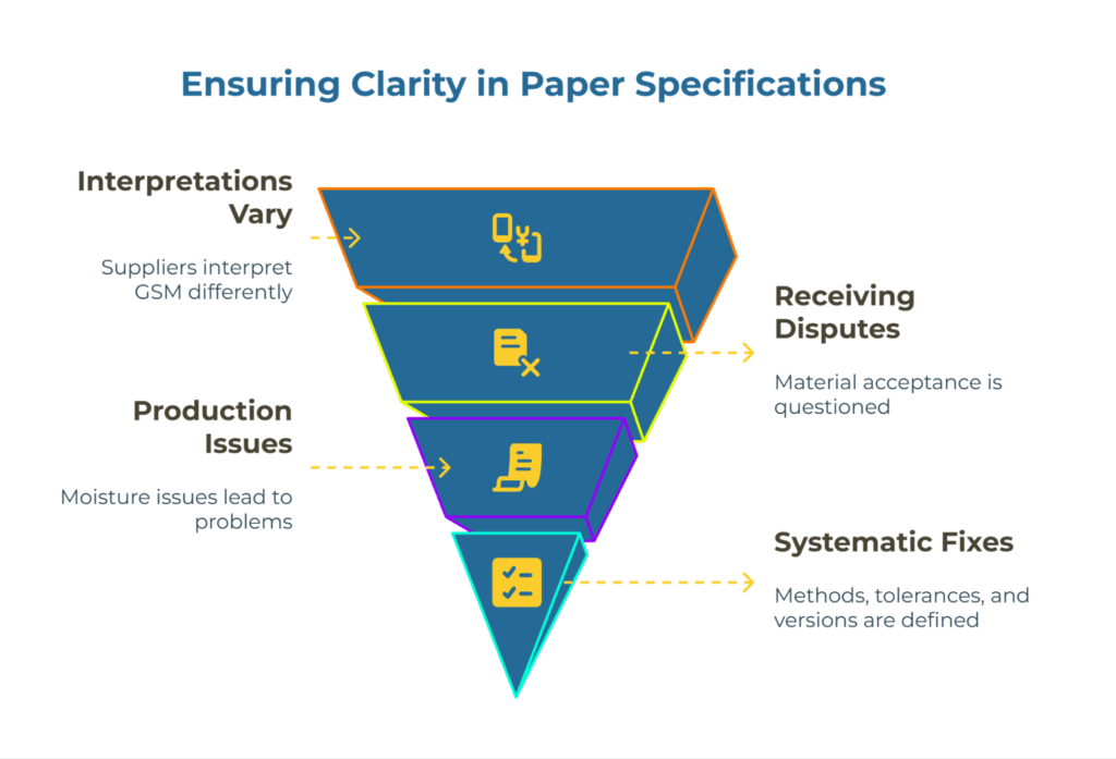 Infographic: “Ensuring Clarity in Paper Specifications.” An inverted, tiered funnel shows how ambiguity escalates: Interpretations vary—suppliers read GSM differently → Production issues—moisture problems → Receiving disputes. Final step: systematic fixes—define methods, tolerances, and versions.