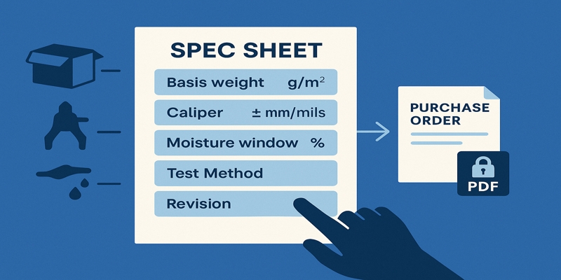 Stylized spec sheet with five highlighted fields linked to icons; hand taps the revision field, arrow to PO PDF.