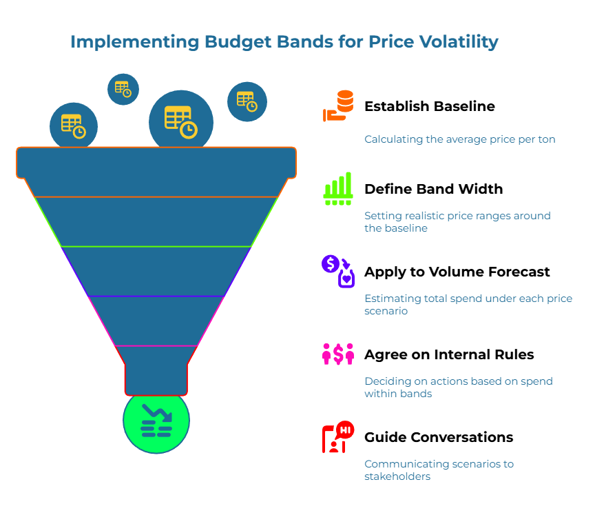 Infographic titled “Implementing Budget Bands for Price Volatility.” A funnel shows steps that flow to a checkmark: calculate average price/ton, set realistic price ranges around the baseline, estimate total spend under each price scenario, decide actions within bands, and communicate scenarios to stakeholders.