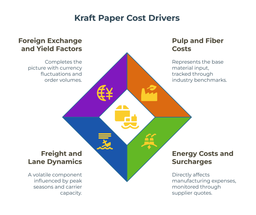 Infographic titled “Kraft Paper Cost Drivers.” A central diamond with icons is surrounded by four drivers: Pulp & fiber costs, Energy costs & surcharges, Freight & lane dynamics, and Foreign exchange & yield factors. Side notes explain benchmarks, volatility, and currency effects on landed cost.