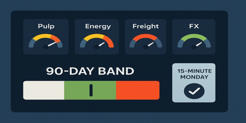 Stylized dashboard with four signal meters above a 90-day band slider and a “15-minute Monday” checklist.