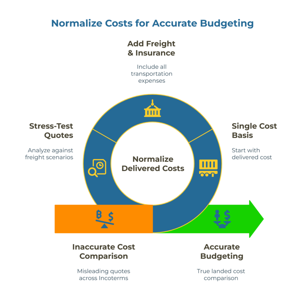 Infographic titled “Normalize Costs for Accurate Budgeting.” A circular ring labeled “Normalize Delivered Costs” highlights steps: Add Freight & Insurance, Single Cost Basis, and Stress-Test Quotes. Bottom flow moves from “Inaccurate Cost Comparison” to a green arrow for “Accurate Budgeting.”