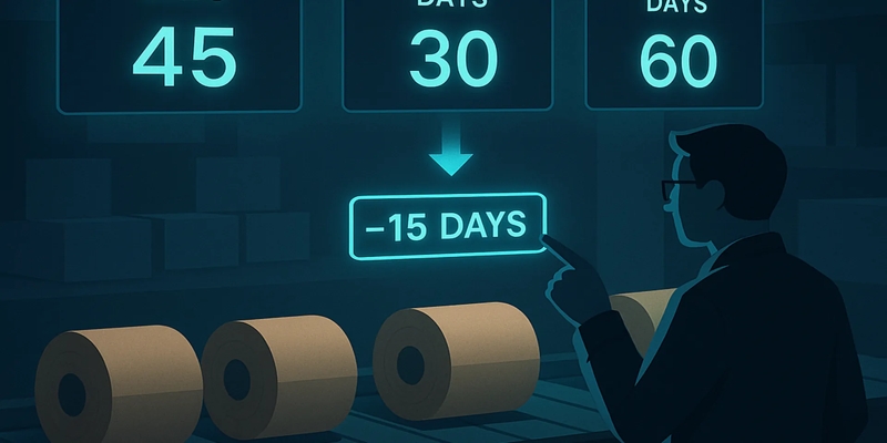 Finance manager in a warehouse reviewing supplier, inventory and customer days over a kraft paper conveyor.