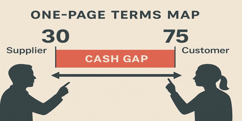 Stylized one-page payment-terms timeline showing a 30→75 day cash gap between supplier and customer.