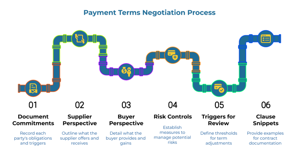 “Payment Terms Negotiation Process.” Pipeline shows six steps: 1) Document commitments (obligations and triggers). 2) Supplier perspective (offers/receives). 3) Buyer perspective (provides/gains). 4) Risk controls. 5) Triggers for review. 6) Clause snippets for contracts.