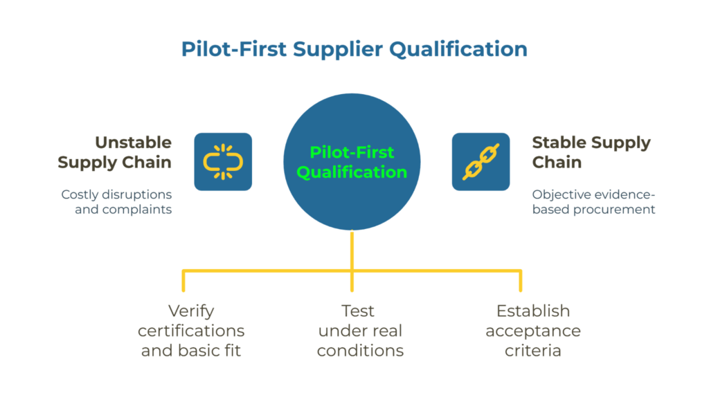 Infographic titled “Pilot-First Supplier Qualification.” The central idea “Pilot-First Qualification” connects an “Unstable Supply Chain” on the left and a “Stable Supply Chain” on the right. Below, it shows three steps: verify certifications, test under real conditions, and establish acceptance criteria.