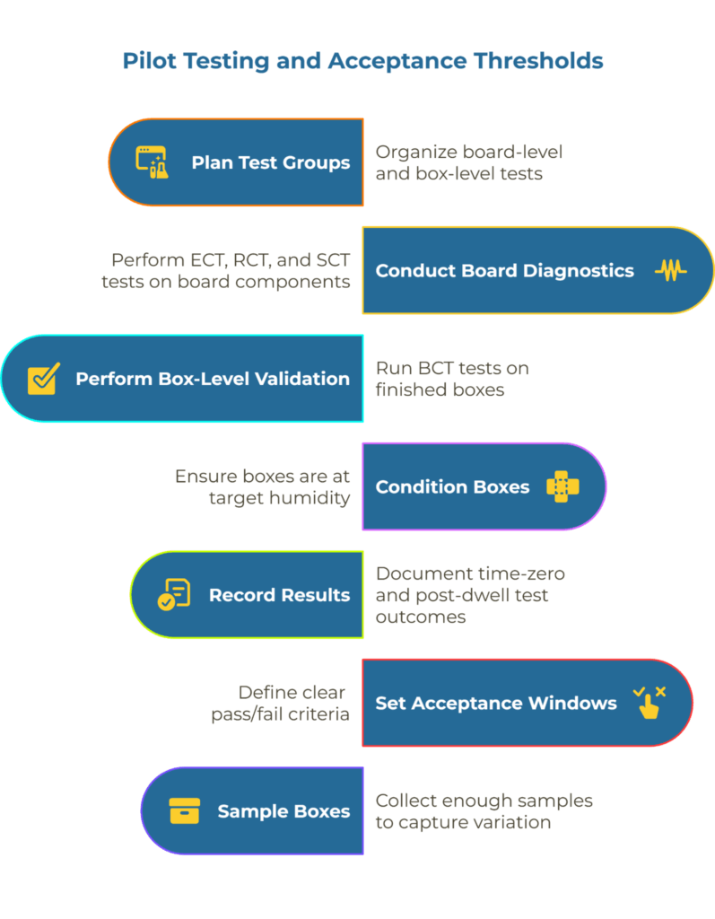 Infographic titled “Pilot Testing and Acceptance Thresholds.” It outlines six steps: Plan Test Groups, Conduct Board Diagnostics, Perform Box-Level Validation, Condition Boxes, Record Results, Set Acceptance Windows, and Sample Boxes—detailing the process for testing and validating box performance.