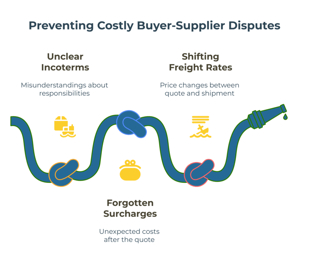 Infographic: “Preventing Costly Buyer-Supplier Disputes.” A wavy hose with knots visualizes three drivers of conflict and extra cost: Unclear Incoterms (responsibility misunderstandings), Shifting Freight Rates (price changes between quote and shipment), and Forgotten Surcharges; drip indicates losses.