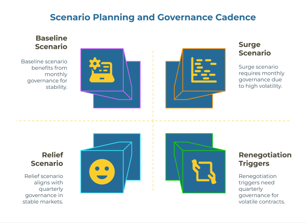 Infographic titled “Scenario Planning and Governance Cadence.” Four quadrants: Baseline Scenario—monthly governance for stability; Surge Scenario—monthly governance for high volatility; Relief Scenario—quarterly governance in stable markets; Renegotiation Triggers—quarterly governance for volatile contracts.
