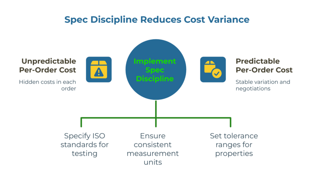 Infographic titled “Spec Discipline Reduces Cost Variance.” Center circle: “Implement Spec Discipline.” Left: “Unpredictable Per-Order Cost—hidden costs.” Right: “Predictable Per-Order Cost—stable variation.” Bottom actions: specify ISO testing standards, ensure consistent units, set tolerance ranges.