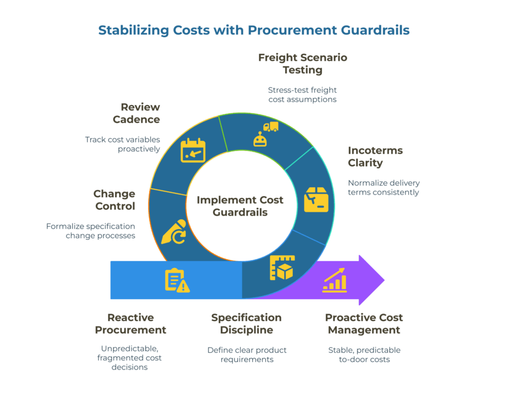 Infographic: “Stabilizing Costs with Procurement Guardrails.” A circular ring around “Implement Cost Guardrails” lists levers: Review cadence, Change control, Freight scenario testing, Incoterms clarity. Base ribbon shows progression: Reactive Procurement → Specification Discipline → Proactive Cost Management.