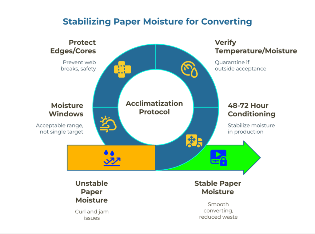 Infographic: “Stabilizing Paper Moisture for Converting.” A circular “Acclimatization Protocol” shows four actions—Protect edges/cores, Verify temperature/moisture (quarantine if out of spec), Use moisture windows (range, not single target), and 48–72 hr conditioning—driving a flow from Unstable Paper Moisture (curl/jams) to Stable Paper Moisture (smooth converting, reduced waste).