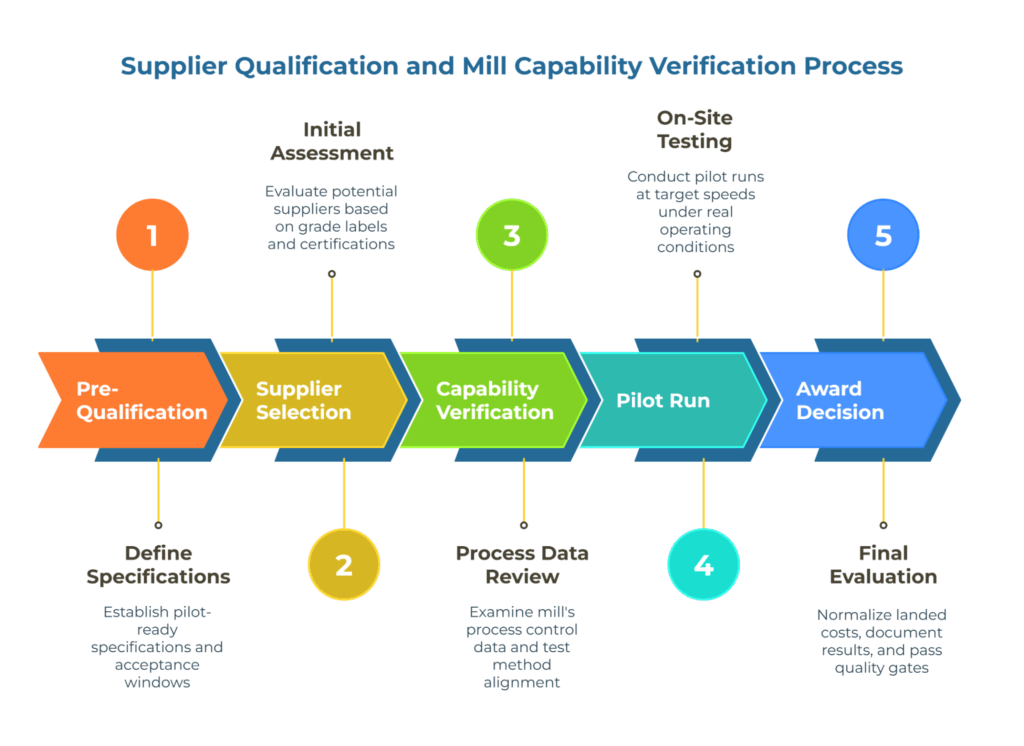 Infographic titled “Supplier Qualification and Mill Capability Verification Process.” It outlines five stages: pre-qualification (define specs), supplier selection (initial assessment), capability verification (process data review), pilot run (on-site testing), and award decision (final evaluation).