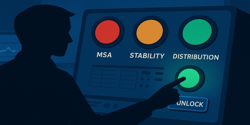 Stylized control panel with three gates labeled MSA, Stability, Distribution; a silhouetted hand presses the green unlock button.