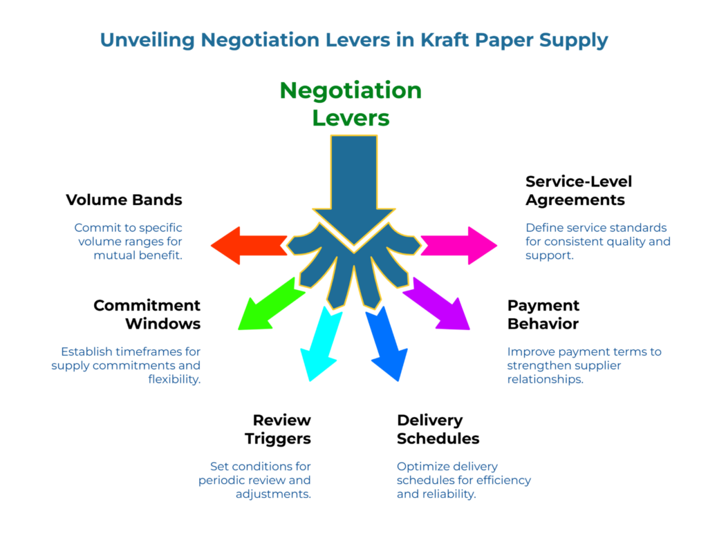 “Unveiling Negotiation Levers in Kraft Paper Supply.” Central arrow with six levers: Volume Bands (commit to ranges), Commitment Windows (timeframes), Review Triggers (periodic adjustments), Delivery Schedules (optimize), Service-Level Agreements (standards), Payment Behavior (better terms).