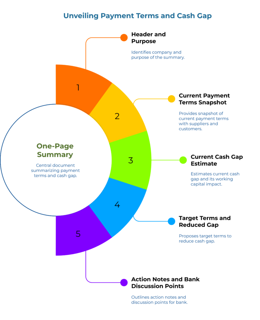 “Unveiling Payment Terms and Cash Gap.” A circular one-page summary with five segments: 1) Header and purpose, 2) Current payment terms snapshot, 3) Current cash gap estimate, 4) Target terms and reduced gap, 5) Action notes and bank discussion points—summarizing terms and cash-gap plan.