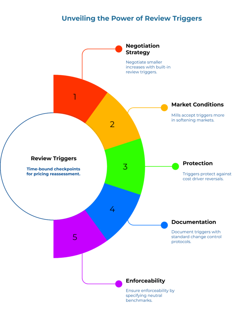 “Unveiling the Power of Review Triggers.” A five-segment semicircle explains review triggers—time-bound checkpoints for pricing reassessment: 1) negotiation strategy (enable smaller increases), 2) market conditions (accepted in softening markets), 3) protection, 4) documentation, 5) enforceability via neutral benchmarks.