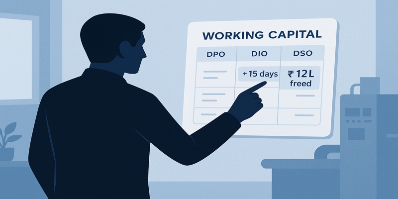 Silhouetted finance lead pointing at a one-page working-capital dashboard showing DPO / DIO / DSO and ₹12L freed.