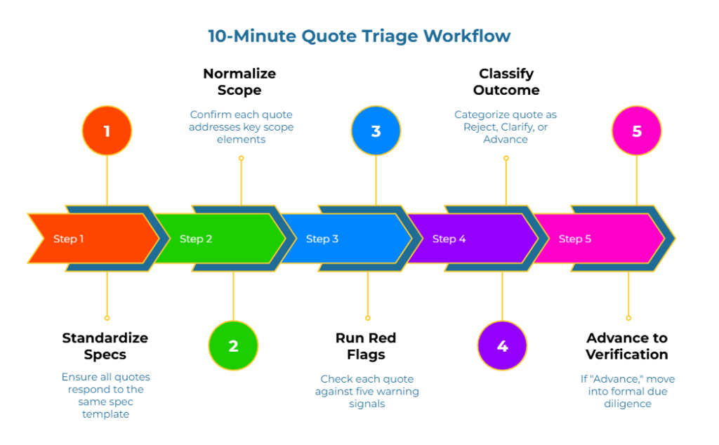 “10-Minute Quote Triage Workflow” for paper bag sourcing. Five arrowed steps on a timeline—1) ensure all quotes use the same spec template; 2) confirm each addresses key scope elements; 3) check against five warning signals; 4) categorize Reject/Clarify/Advance; 5) advance to formal due diligence.