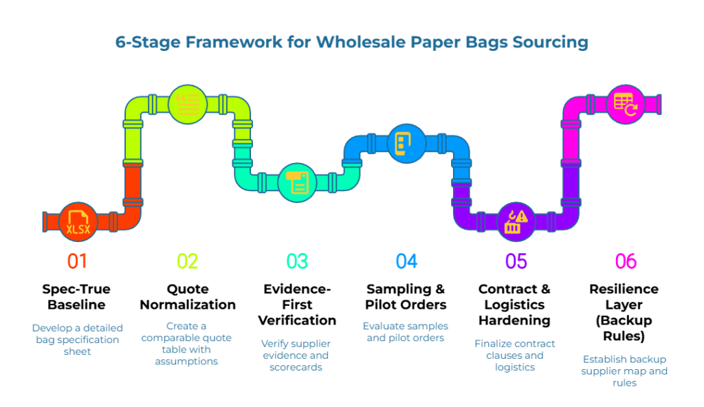 “6-Stage Framework for Wholesale Paper Bags Sourcing.” Pipeline sequence: 1) Develop a detailed bag specification sheet. 2) Create a comparable quote table with assumptions. 3) Verify supplier evidence and scorecards. 4) Evaluate samples and pilot orders. 5) Finalize contract clauses and logistics. 6) Establish backup supplier map and rules.
