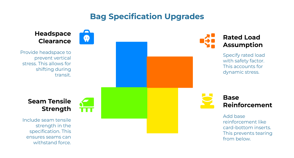“Bag Specification Upgrades” with four callouts around a central cross: add headspace to prevent vertical stress during transit; specify rated load with a safety factor; include seam tensile strength in the specification; add base reinforcement (e.g., card-bottom inserts) to prevent tearing.