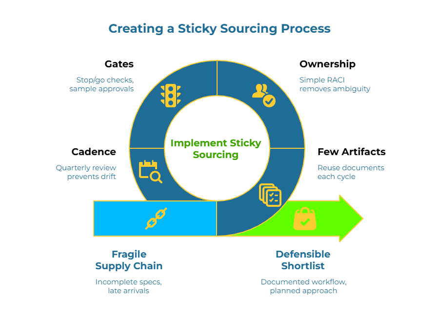 “Creating a Sticky Sourcing Process.” A circular loop centers “Implement Sticky Sourcing,” with callouts: stop/go checks and sample approvals, simple RACI to remove ambiguity, reuse documents each cycle, quarterly review to prevent drift. Bottom arrow moves from “Fragile Supply Chain” to “Defensible Shortlist.”