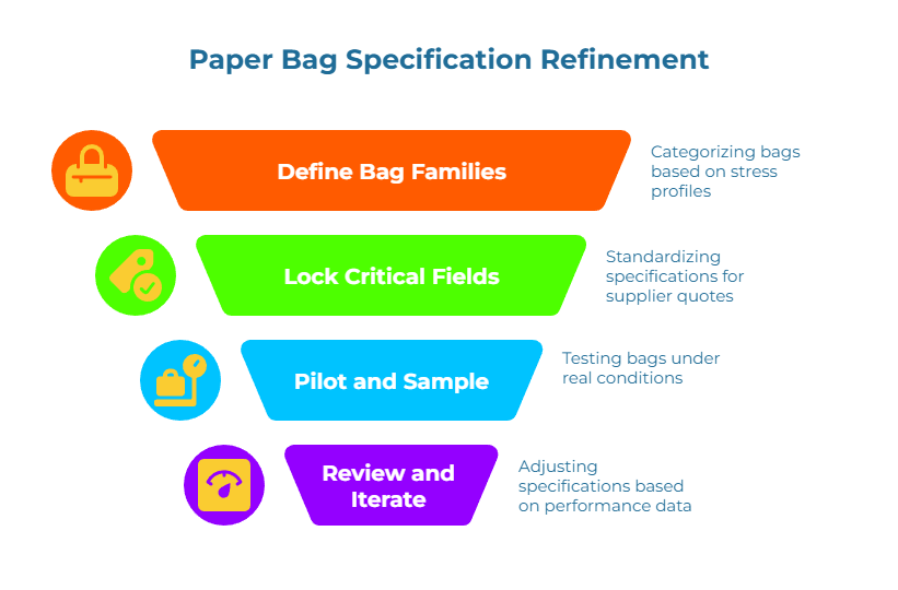 “Paper Bag Specification Refinement” workflow. Four steps: 1) Define bag families—categorize by stress profile. 2) Lock critical fields—standardize specifications for comparable quotes. 3) Pilot and sample—test under real conditions. 4) Review and iterate—adjust specs from performance data.