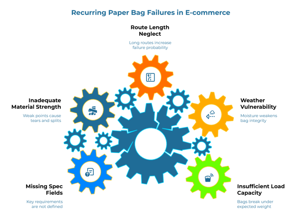 “Recurring Paper Bag Failures in E-commerce,” shown as interlocking gears. Key causes called out: long routes raise failure probability; moisture weakens bag integrity; weak points cause tears and splits; undefined requirements; bags break under expected weight.