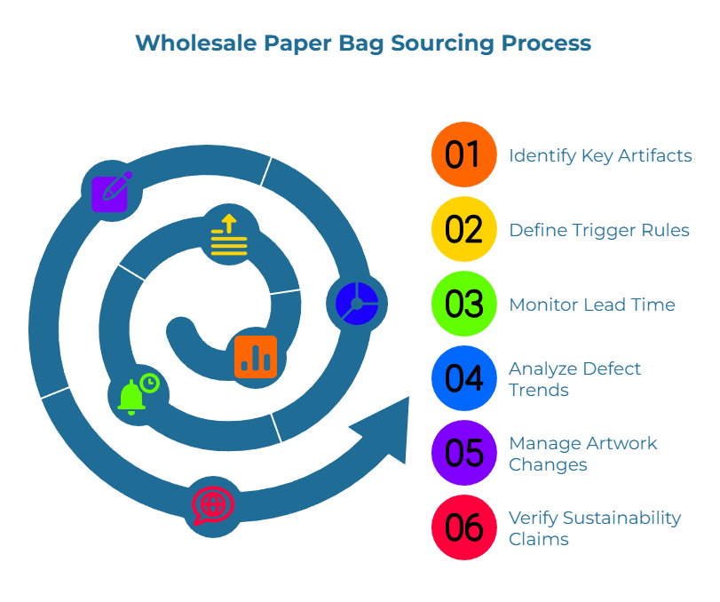 “Wholesale Paper Bag Sourcing Process.” A spiral roadmap with icons shows six steps: 01 Identify key artifacts, 02 Define trigger rules, 03 Monitor lead time, 04 Analyze defect trends, 05 Manage artwork changes, 06 Verify sustainability claims.