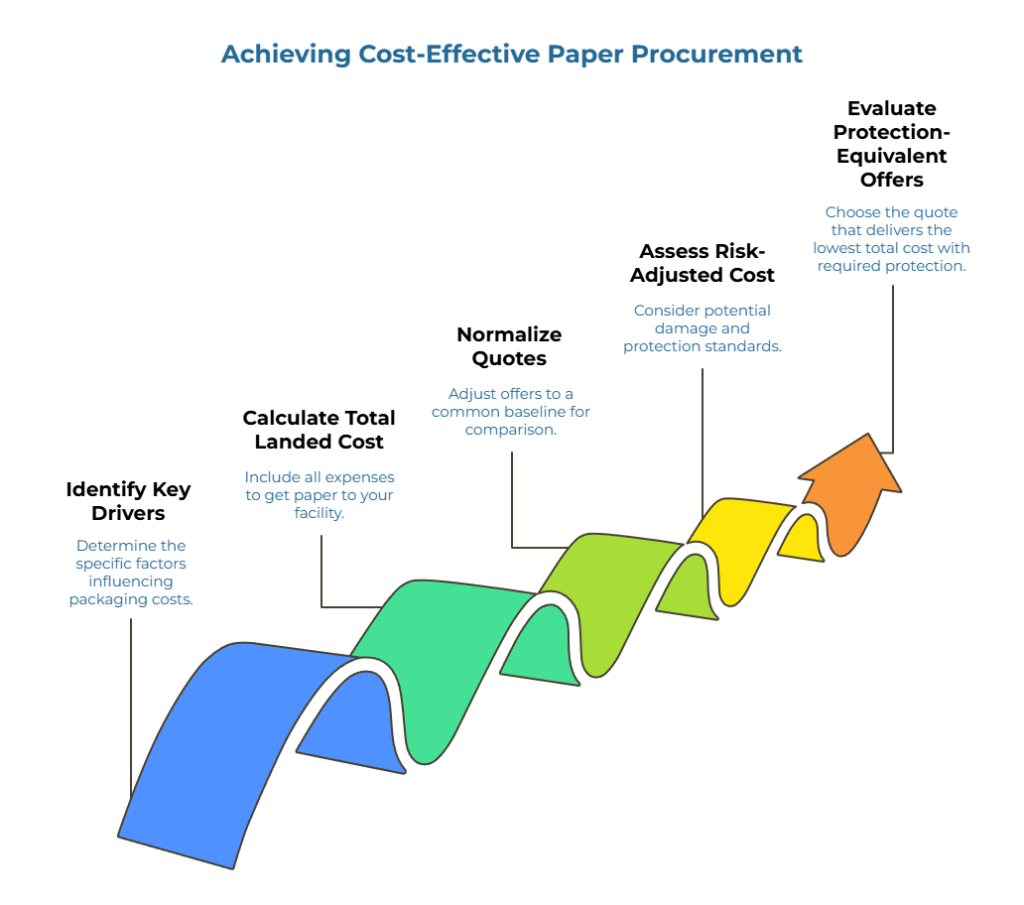 “Achieving Cost-Effective Paper Procurement” with a rising ribbon arrow showing five steps: determine packaging cost factors; include all expenses to deliver paper to your facility; adjust offers to a common baseline; consider damage risk and protection standards; choose the lowest total-cost quote.
