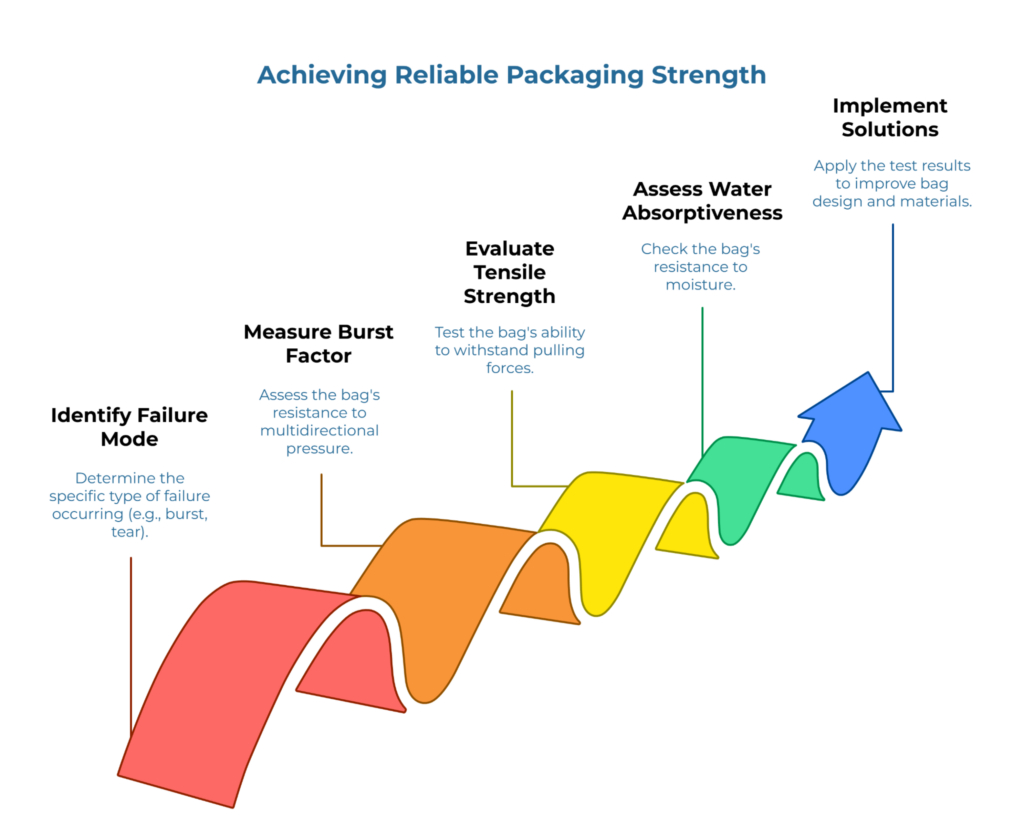 “Achieving Reliable Packaging Strength.” A rising ribbon path shows five steps: 1) Identify failure mode (burst, tear). 2) Measure burst factor (multidirectional pressure). 3) Evaluate tensile strength. 4) Assess water absorptiveness. 5) Implement solutions from test results.