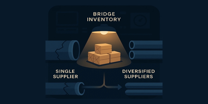 Glowing bridge stack of boxes between a cracked single-supplier pipe and steady diversified supplier pipelines.