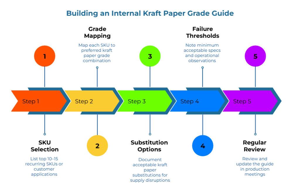 “Building an Internal Kraft Paper Grade Guide” infographic. Five-step horizontal arrow roadmap: 1) list top 10–15 recurring SKUs/applications; 2) map each SKU to preferred kraft grade combo; 3) document acceptable substitutions; 4) note minimum specs and operational observations; 5) review and update in production meetings.