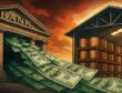 Stylized illustration of cash flowing from a drained bank into a warehouse of kraft reels, symbolizing money frozen in inventory.