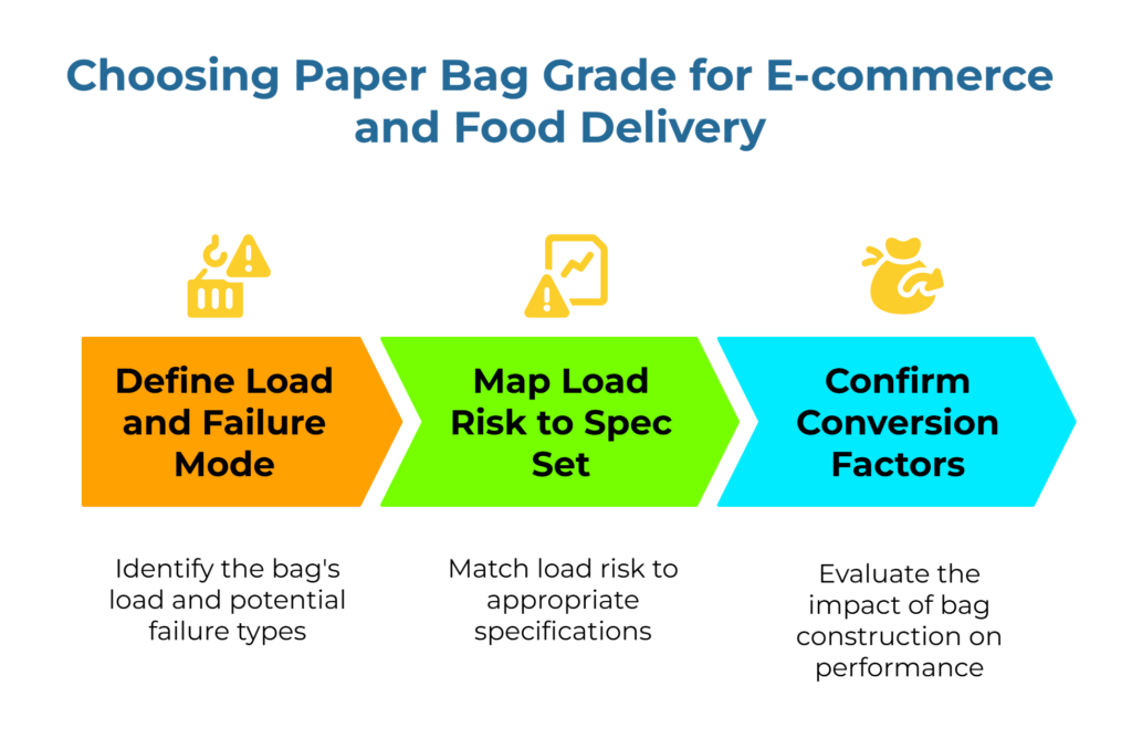 “Choosing Paper Bag Grade for E-commerce and Food Delivery.” Three arrow steps: 1) Define load and failure mode—identify bag load and possible failure types. 2) Map load risk to spec set—match risk to suitable specifications. 3) Confirm conversion factors—assess construction impact on performance.