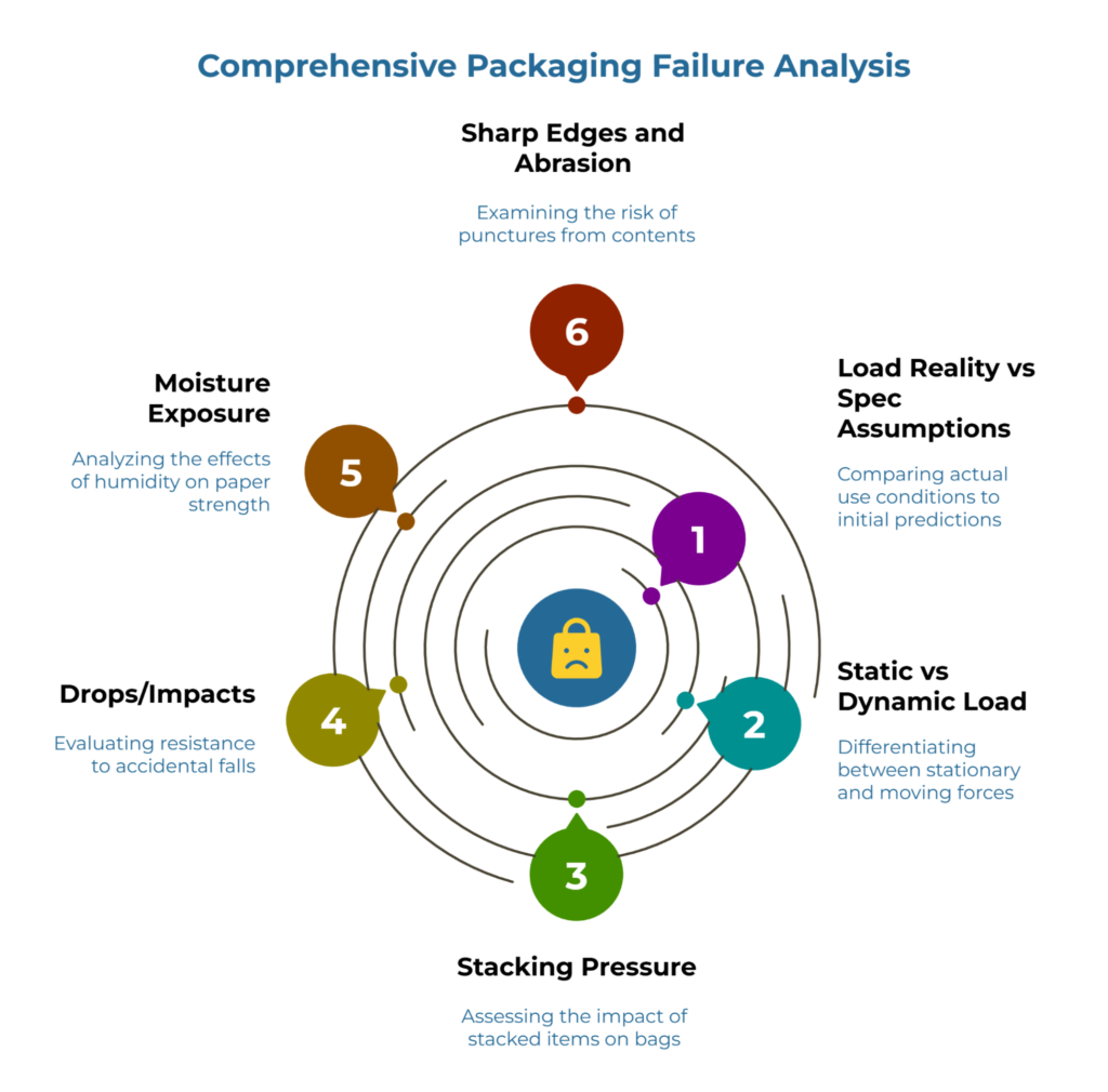 “Comprehensive Packaging Failure Analysis.” Central target with six numbered factors around a circle: 1) Load reality vs spec assumptions, 2) Static vs dynamic load, 3) Stacking pressure, 4) Drops/impacts, 5) Moisture exposure, 6) Sharp edges and abrasion, each with brief assessment notes.