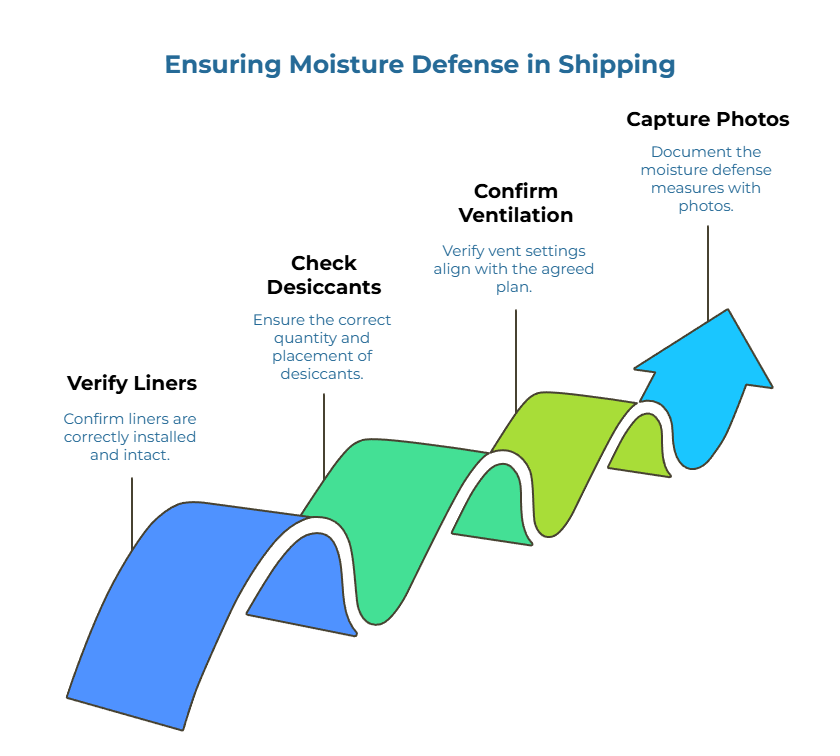 “Ensuring Moisture Defense in Shipping.” A rising ribbon arrow shows four checkpoints: 1) Confirm container liners are correctly installed and intact. 2) Ensure correct quantity and placement of desiccants. 3) Verify vent settings match the agreed plan. 4) Document measures with photos.