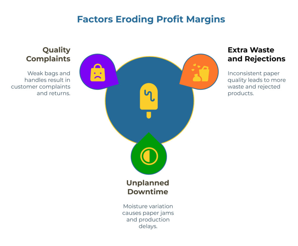 Infographic titled “Factors Eroding Profit Margins.” Three causes around a central circle: 1) Quality complaints—weak bags/handles lead to returns. 2) Extra waste and rejections—from inconsistent paper quality. 3) Unplanned downtime—moisture variation causes jams and production delays.
